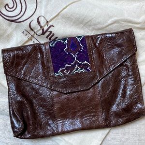 Mexican embroidered leather clutch, brown clutch Mexican purse